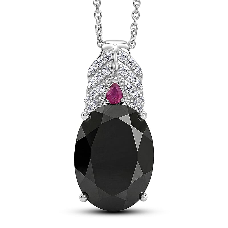EverTrue Thai Black Spinel 20.30 ctw Midnight Royal Garden Pendant with Fissure-Filled Ruby & White Zircon Accents in Platinum Bond with Stainless Steel Necklace (20 Inches)
