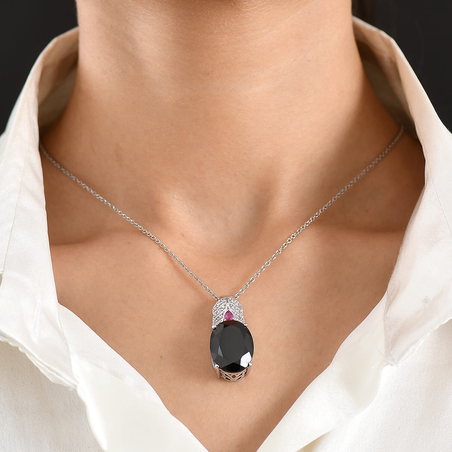 EverTrue Thai Black Spinel 20.30 ctw Midnight Royal Garden Pendant with Fissure-Filled Ruby & White Zircon Accents in Platinum Bond with Stainless Steel Necklace (20 Inches)