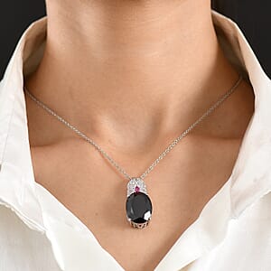 EverTrue Thai Black Spinel 20.30 ctw Midnight Royal Garden Pendant with Fissure-Filled Ruby & White Zircon Accents in Platinum Bond with Stainless Steel Necklace (20 Inches)