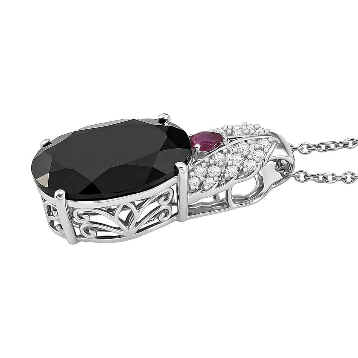 EverTrue Thai Black Spinel 20.30 ctw Midnight Royal Garden Pendant with Fissure-Filled Ruby & White Zircon Accents in Platinum Bond with Stainless Steel Necklace (20 Inches)