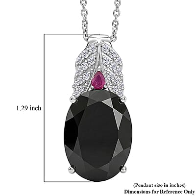 EverTrue Thai Black Spinel 20.30 ctw Midnight Royal Garden Pendant with Fissure-Filled Ruby & White Zircon Accents in Platinum Bond with Stainless Steel Necklace (20 Inches)