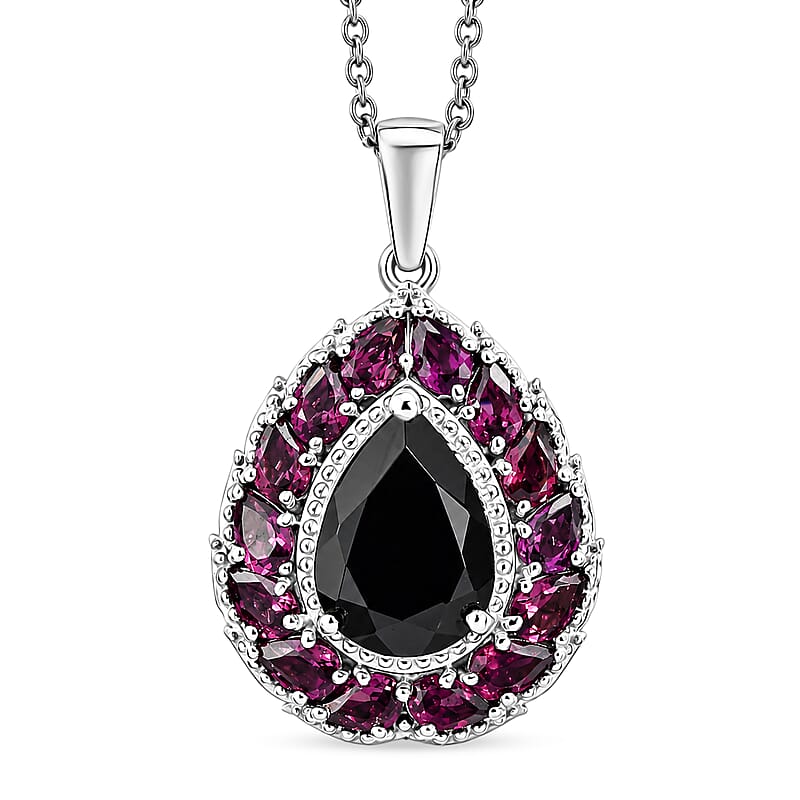EverTrue Thai Black Spinel and Orissa Rhodolite Garnet 10.85 ctw Lunar Galaxy Line Pendant in Platinum Bond with Stainless Steel Necklace 20 Inches