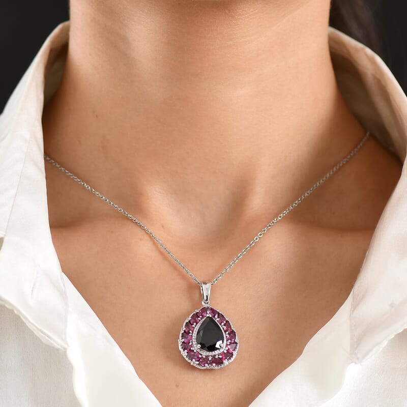 EverTrue Thai Black Spinel and Orissa Rhodolite Garnet 10.85 ctw Lunar Galaxy Line Pendant in Platinum Bond with Stainless Steel Necklace 20 Inches