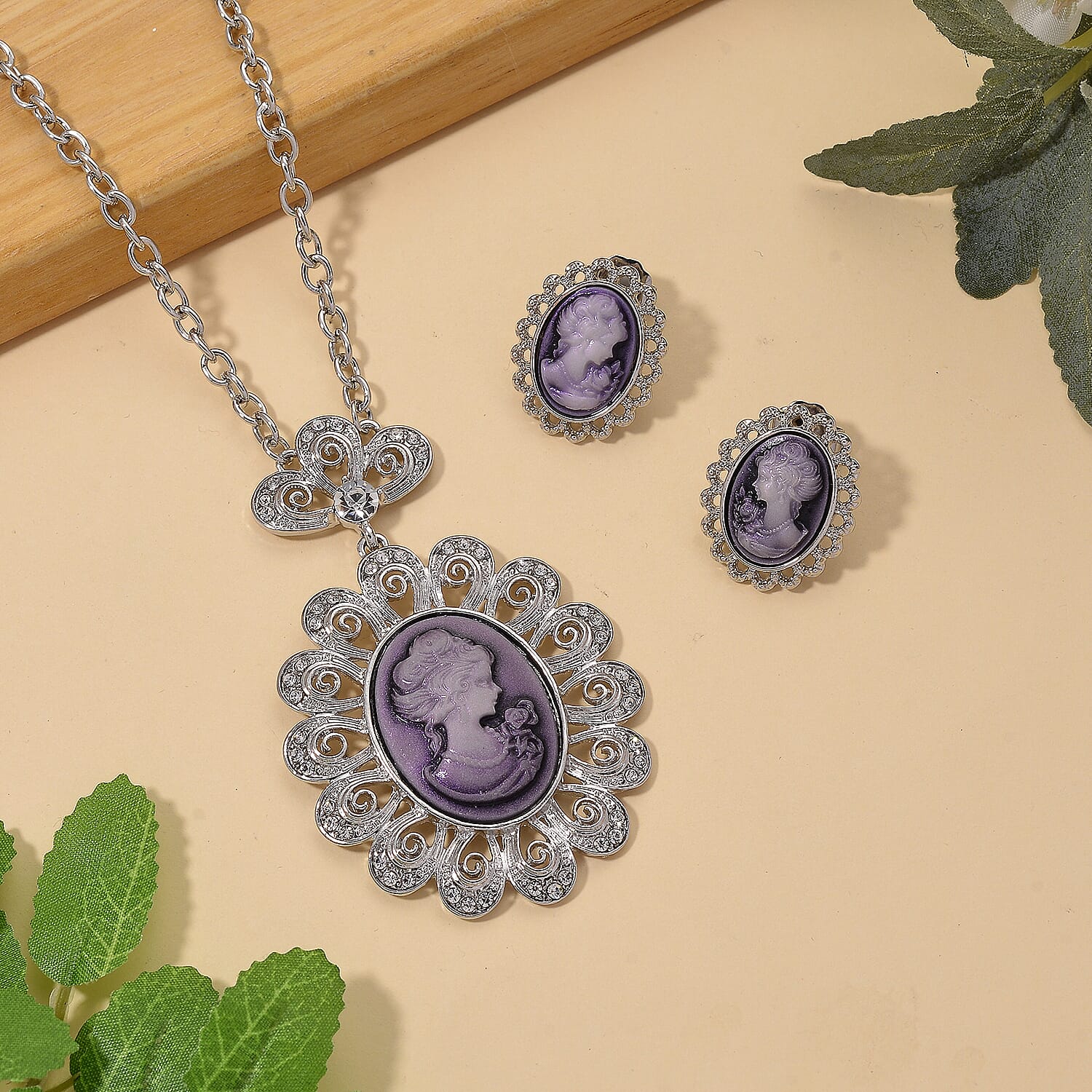 Purple Cameo, Austrian Crystal Earrings and Necklace (21-23 Inches) in Silvertone