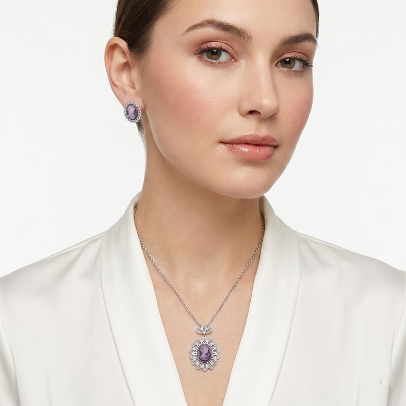 Purple Cameo, Austrian Crystal Earrings and Necklace (21-23 Inches) in Silvertone