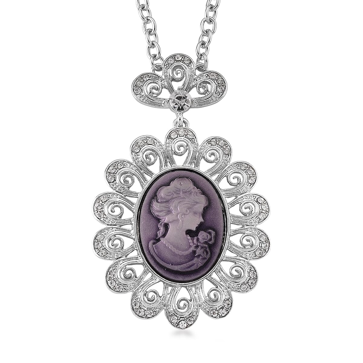 Purple Cameo, Austrian Crystal Earrings and Necklace (21-23 Inches) in Silvertone