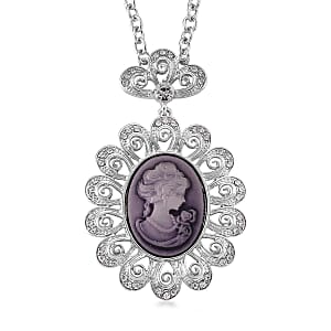 Purple Cameo, Austrian Crystal Earrings and Necklace (21-23 Inches) in Silvertone