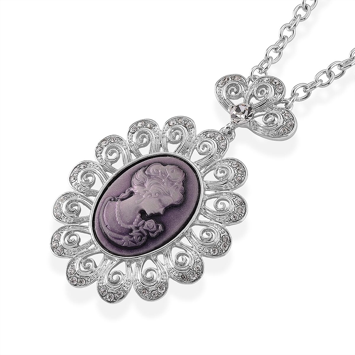 Purple Cameo, Austrian Crystal Earrings and Necklace (21-23 Inches) in Silvertone