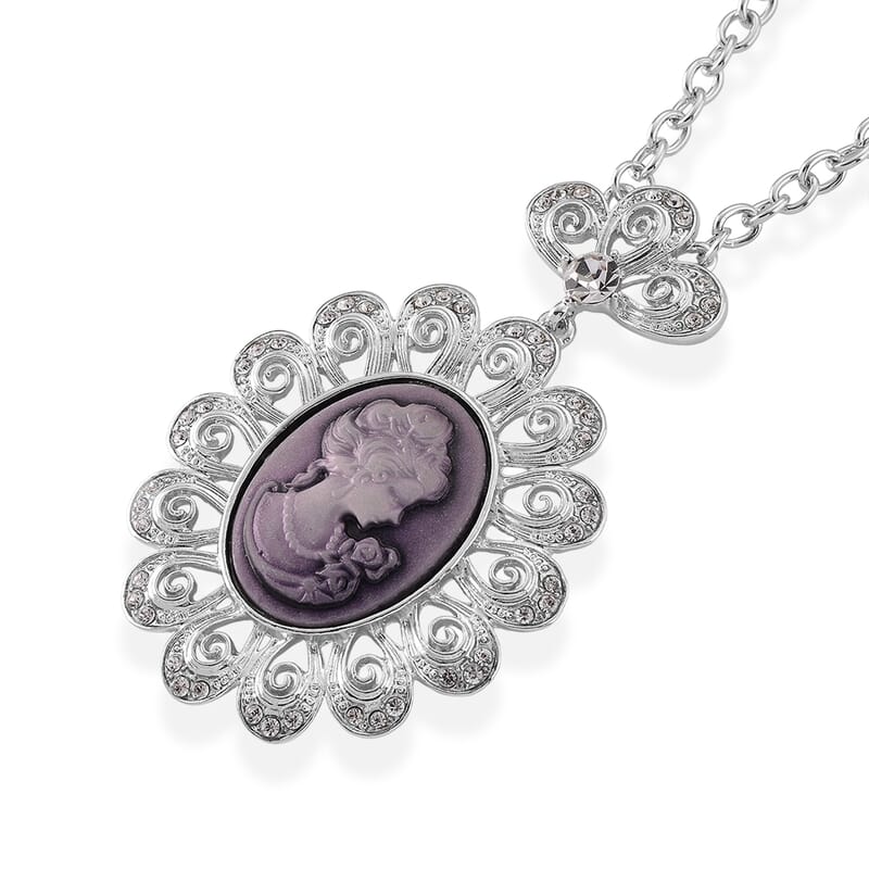 Purple Cameo, Austrian Crystal Earrings and Necklace (21-23 Inches) in Silvertone