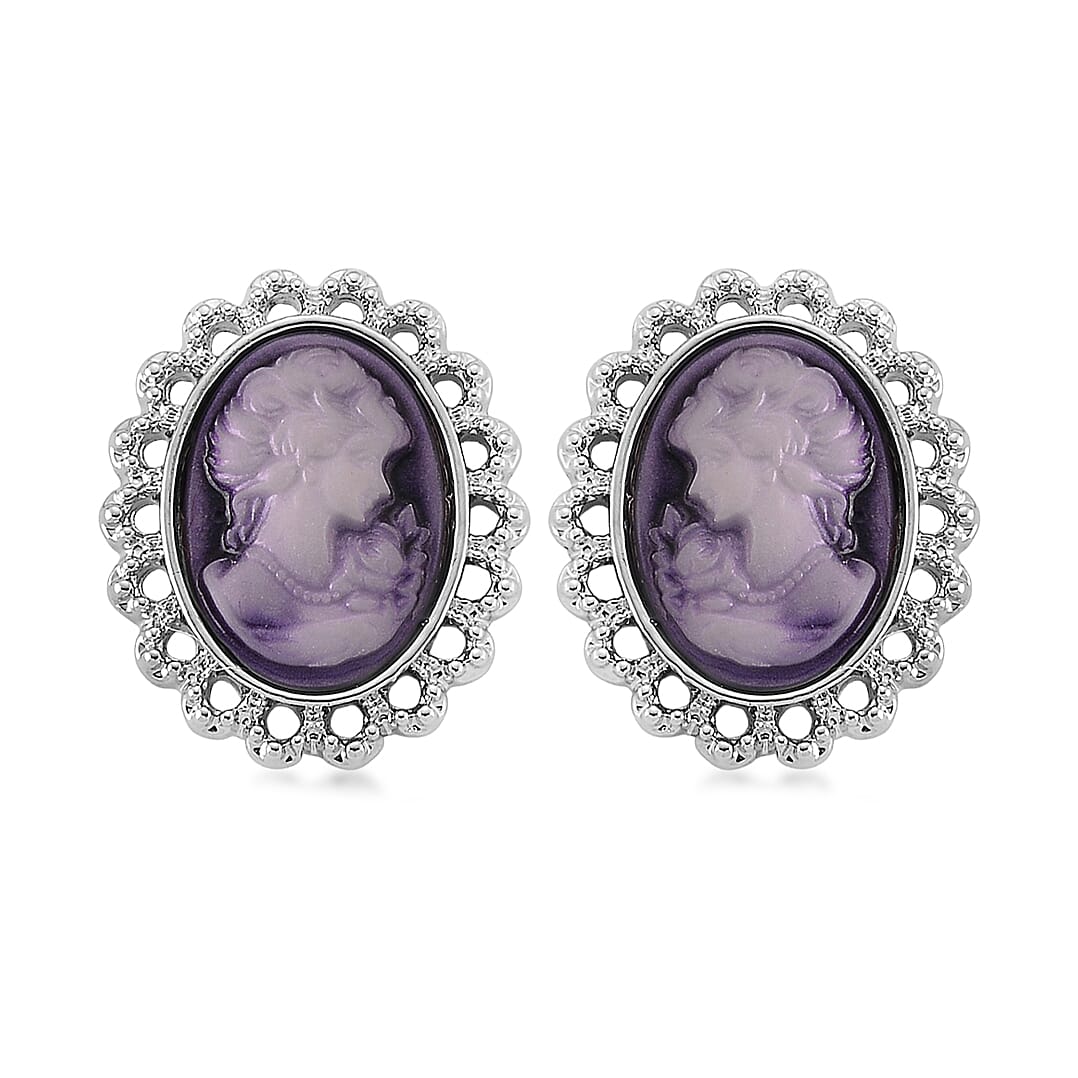 Purple Cameo, Austrian Crystal Earrings and Necklace (21-23 Inches) in Silvertone