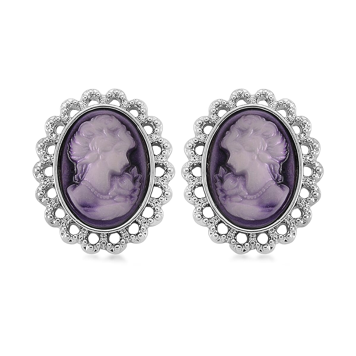 Purple Cameo, Austrian Crystal Earrings and Necklace (21-23 Inches) in Silvertone image number 7