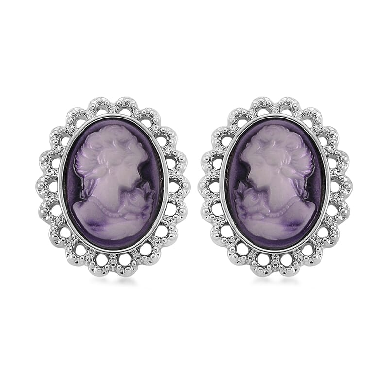 Purple Cameo, Austrian Crystal Earrings and Necklace (21-23 Inches) in Silvertone
