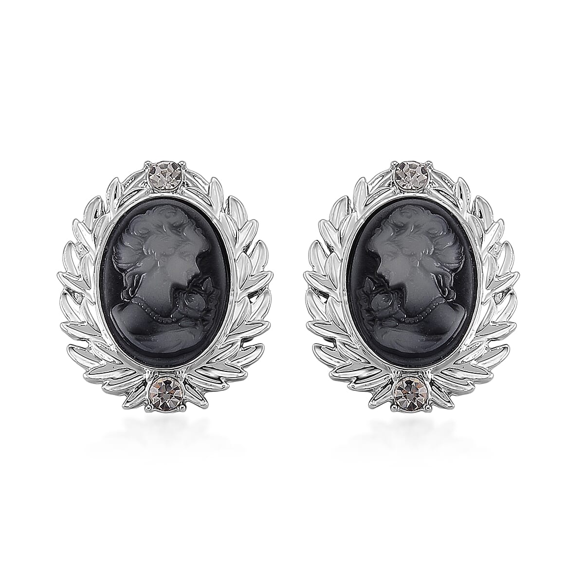 Black Cameo and Austrian Crystal Earrings, Ring (Adjustable) and Necklace 21-23 Inches in Silvertone