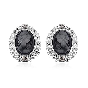 Black Cameo and Austrian Crystal Earrings, Ring (Adjustable) and Necklace 21-23 Inches in Silvertone