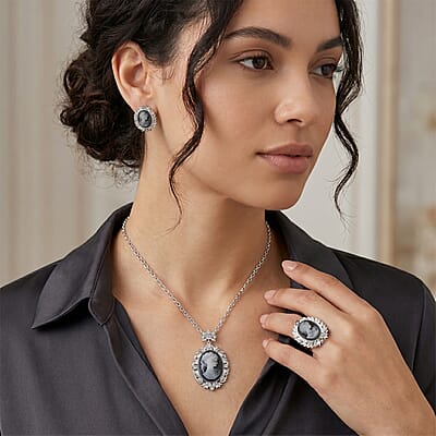 Black Cameo and Austrian Crystal Earrings, Ring (Adjustable) and Necklace 21-23 Inches in Silvertone