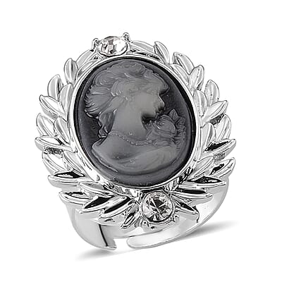 Black Cameo and Austrian Crystal Earrings, Ring (Adjustable) and Necklace 21-23 Inches in Silvertone