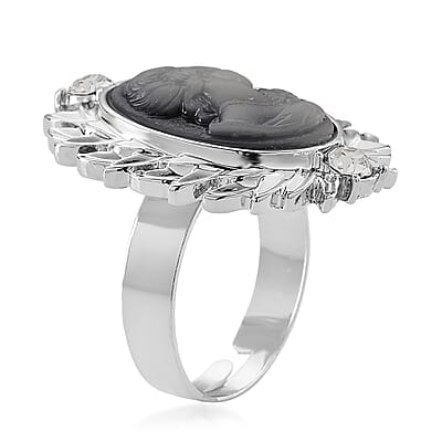 Black Cameo and Austrian Crystal Earrings, Ring (Adjustable) and Necklace 21-23 Inches in Silvertone