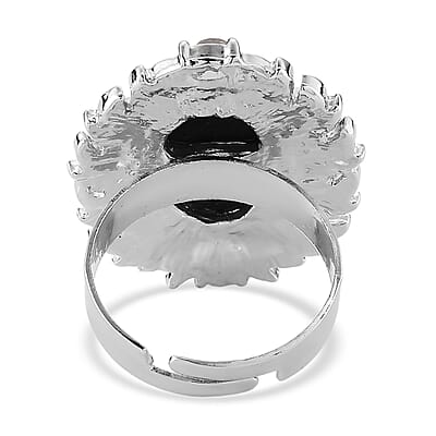 Black Cameo and Austrian Crystal Earrings, Ring (Adjustable) and Necklace 21-23 Inches in Silvertone
