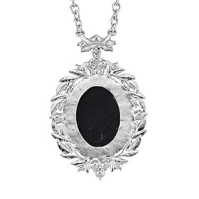 Black Cameo and Austrian Crystal Earrings, Ring (Adjustable) and Necklace 21-23 Inches in Silvertone