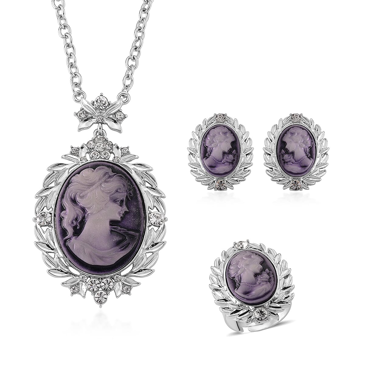 Purple Cameo and Austrian Crystal Earrings, Ring (Adjustable) and Necklace 21-23 Inches in Silvertone