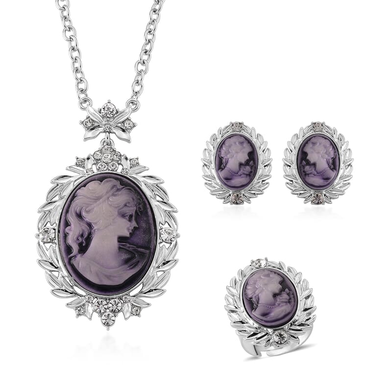 Purple Cameo and Austrian Crystal Earrings, Ring (Adjustable) and Necklace 21-23 Inches in Silvertone