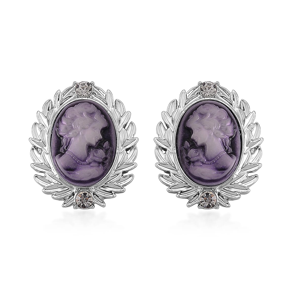 Purple Cameo and Austrian Crystal Earrings, Ring (Adjustable) and Necklace 21-23 Inches in Silvertone