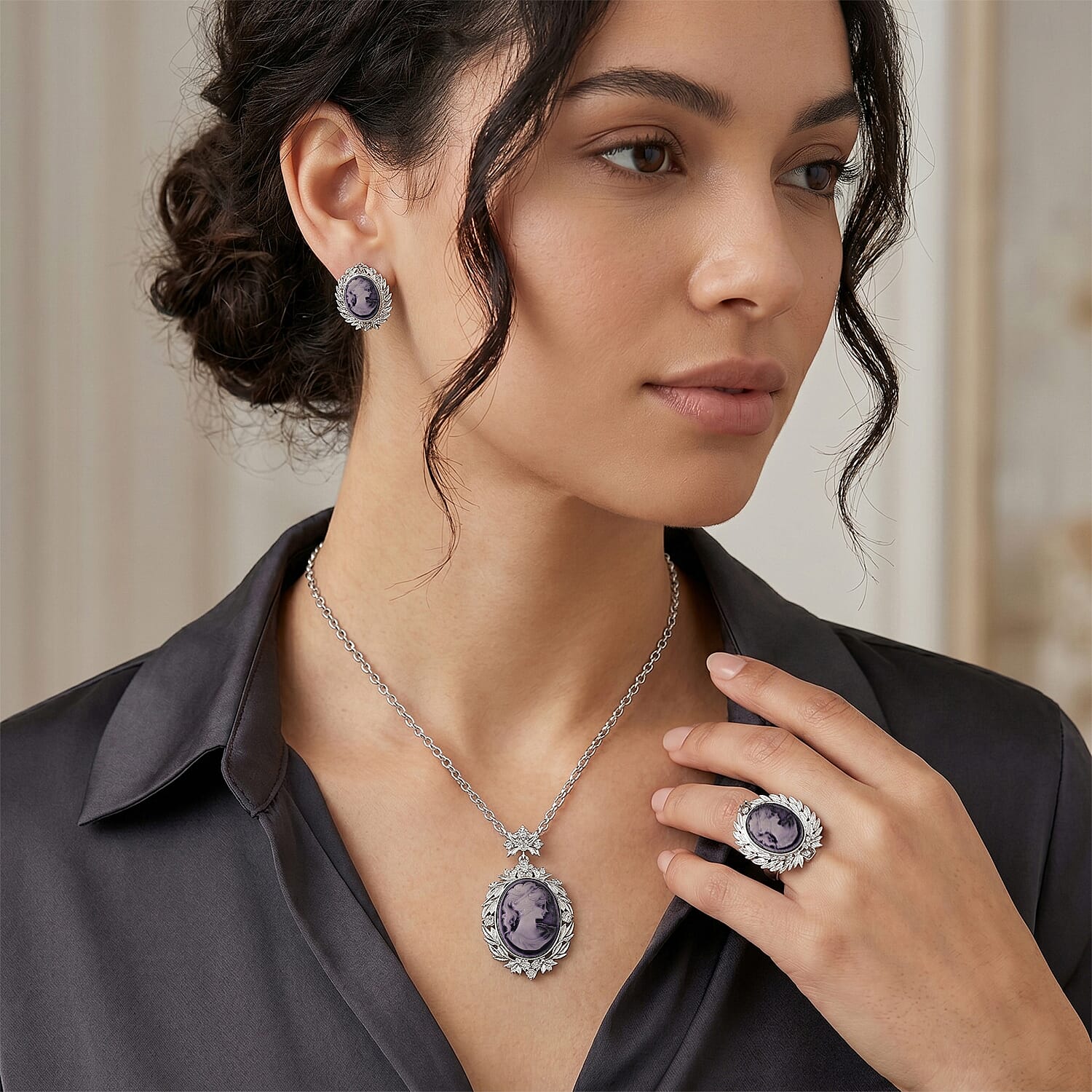 Purple Cameo and Austrian Crystal Earrings, Ring (Adjustable) and Necklace 21-23 Inches in Silvertone