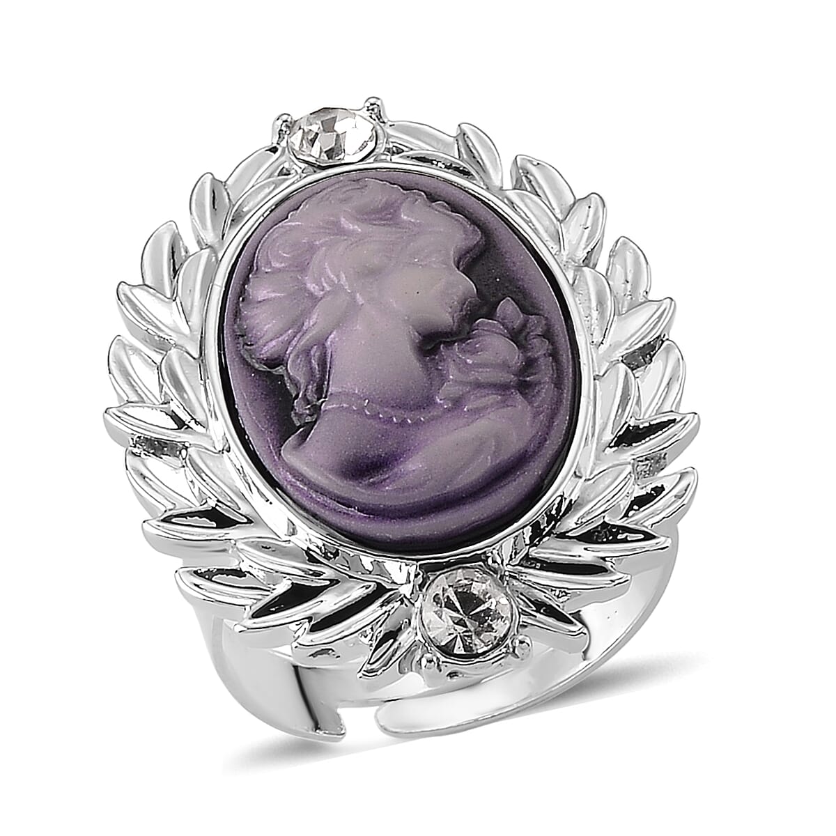 Purple Cameo and Austrian Crystal Earrings, Ring (Adjustable) and Necklace 21-23 Inches in Silvertone