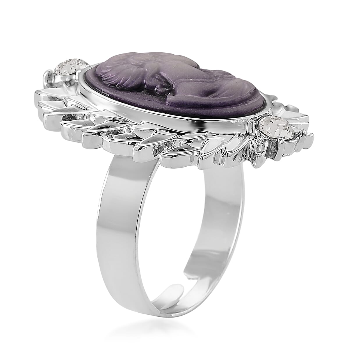 Purple Cameo and Austrian Crystal Earrings, Ring (Adjustable) and Necklace 21-23 Inches in Silvertone
