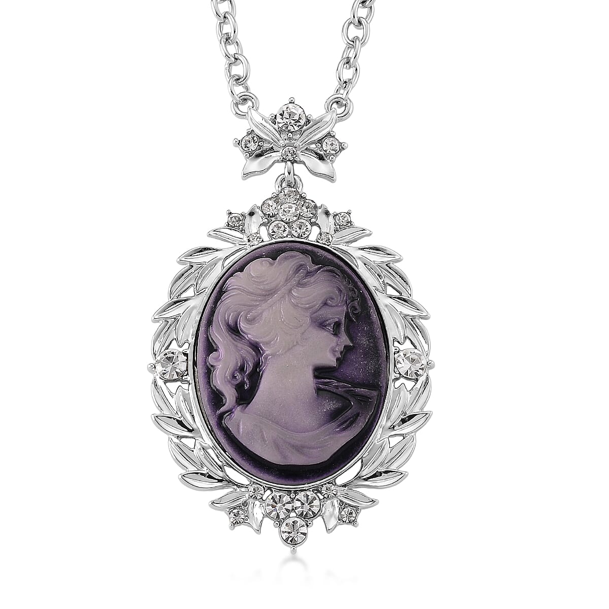 Purple Cameo and Austrian Crystal Earrings, Ring (Adjustable) and Necklace 21-23 Inches in Silvertone