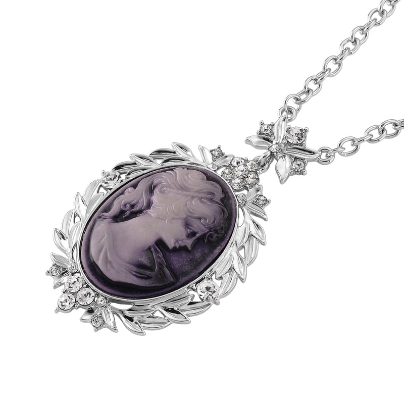 Purple Cameo and Austrian Crystal Earrings, Ring (Adjustable) and Necklace 21-23 Inches in Silvertone
