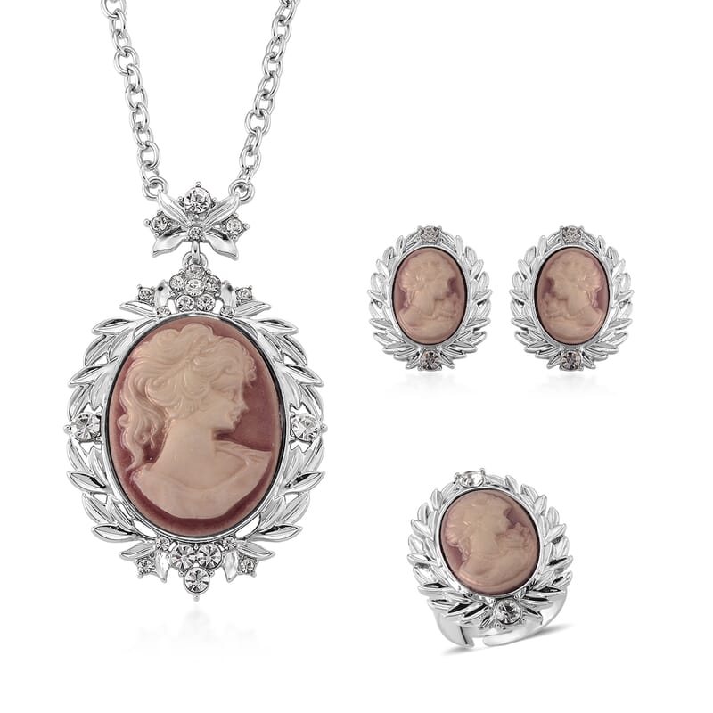 Pink Cameo and Austrian Crystal Earrings, Ring (Adjustable) and Necklace 21-23 Inches in Silvertone