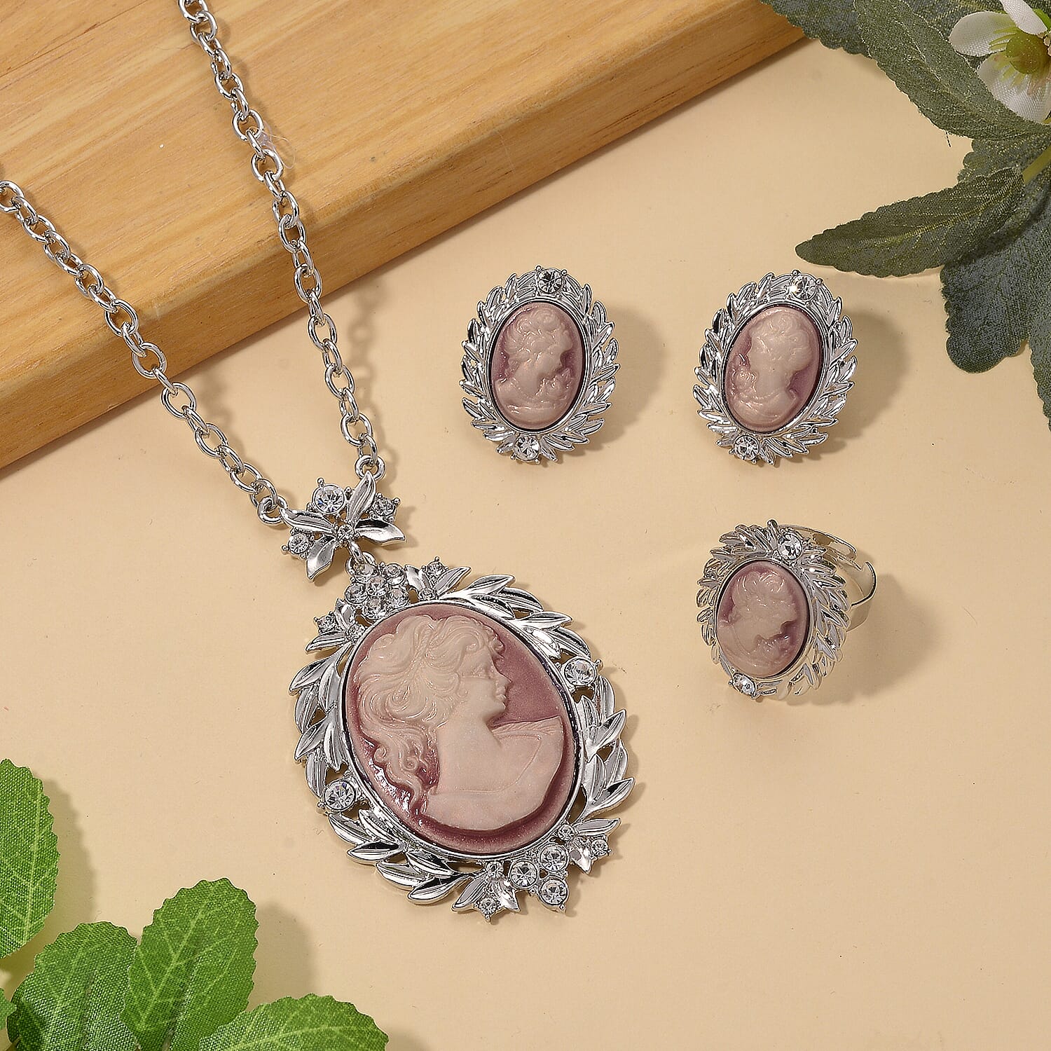 Pink Cameo and Austrian Crystal Earrings, Ring (Adjustable) and Necklace 21-23 Inches in Silvertone