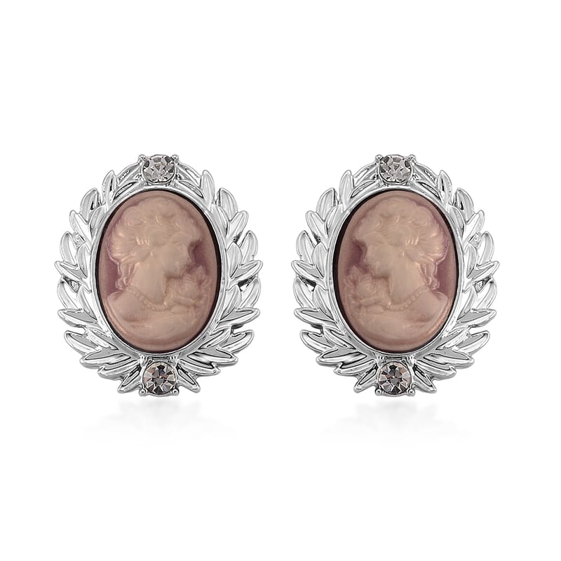 Pink Cameo and Austrian Crystal Earrings, Ring (Adjustable) and Necklace 21-23 Inches in Silvertone