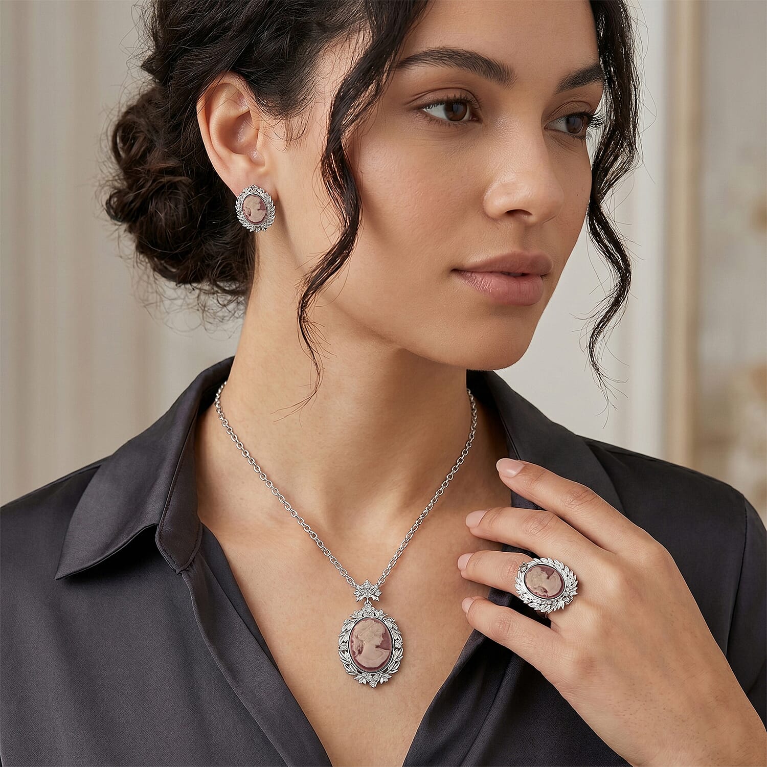 Pink Cameo and Austrian Crystal Earrings, Ring (Adjustable) and Necklace 21-23 Inches in Silvertone