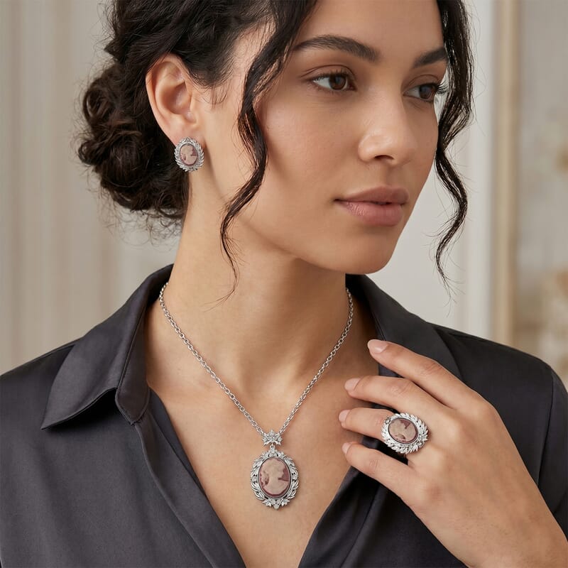Pink Cameo and Austrian Crystal Earrings, Ring (Adjustable) and Necklace 21-23 Inches in Silvertone