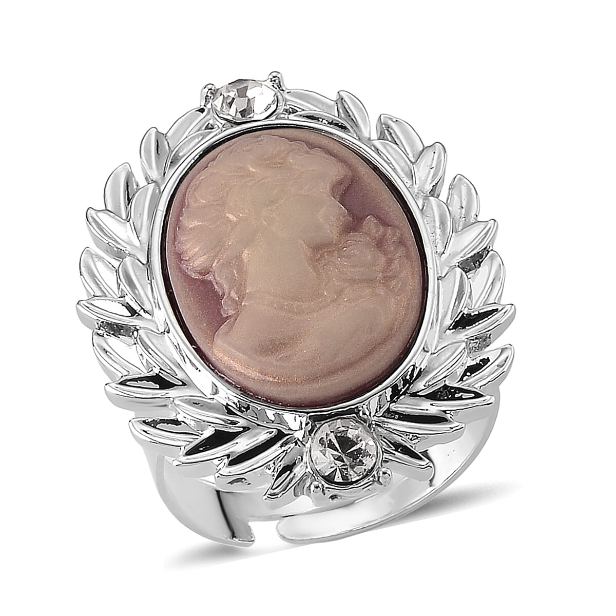 Pink Cameo and Austrian Crystal Earrings, Ring (Adjustable) and Necklace 21-23 Inches in Silvertone