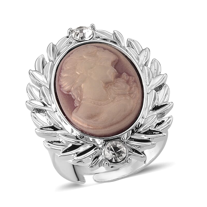 Pink Cameo and Austrian Crystal Earrings, Ring (Adjustable) and Necklace 21-23 Inches in Silvertone