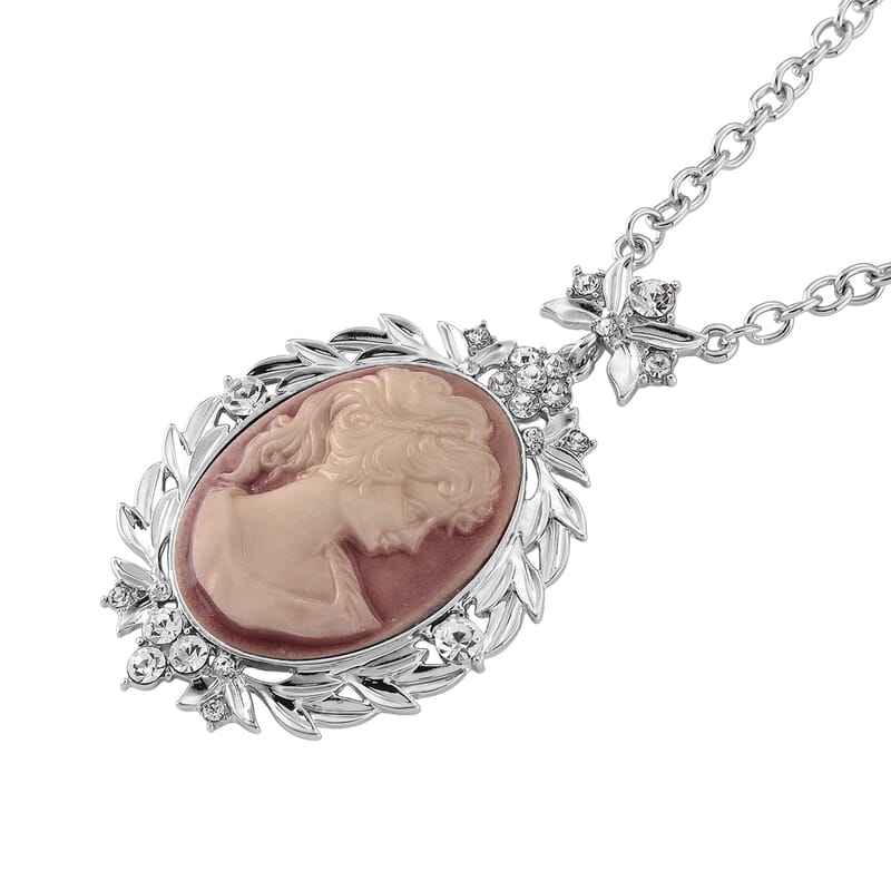 Pink Cameo and Austrian Crystal Earrings, Ring (Adjustable) and Necklace 21-23 Inches in Silvertone