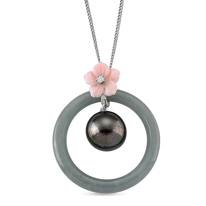 D'Joy Tahitian Pearl and Multi Gemstone 17.35 ctw Petal Bloom Pendant Necklace in Rhodium Over Sterling Silver 18 Inches