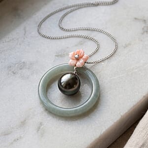 D'Joy Tahitian Pearl and Multi Gemstone 17.35 ctw Petal Bloom Pendant Necklace in Rhodium Over Sterling Silver 18 Inches