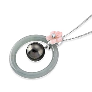 D'Joy Tahitian Pearl and Multi Gemstone 17.35 ctw Petal Bloom Pendant Necklace in Rhodium Over Sterling Silver 18 Inches