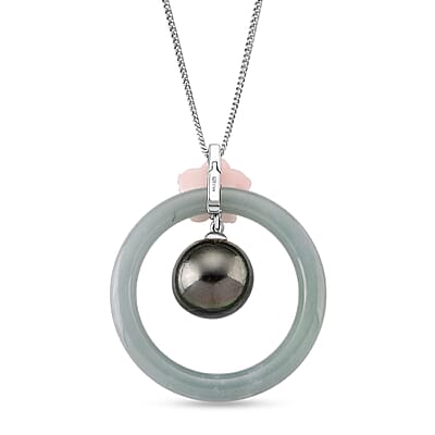 D'Joy Tahitian Pearl and Multi Gemstone 17.35 ctw Petal Bloom Pendant Necklace in Rhodium Over Sterling Silver 18 Inches