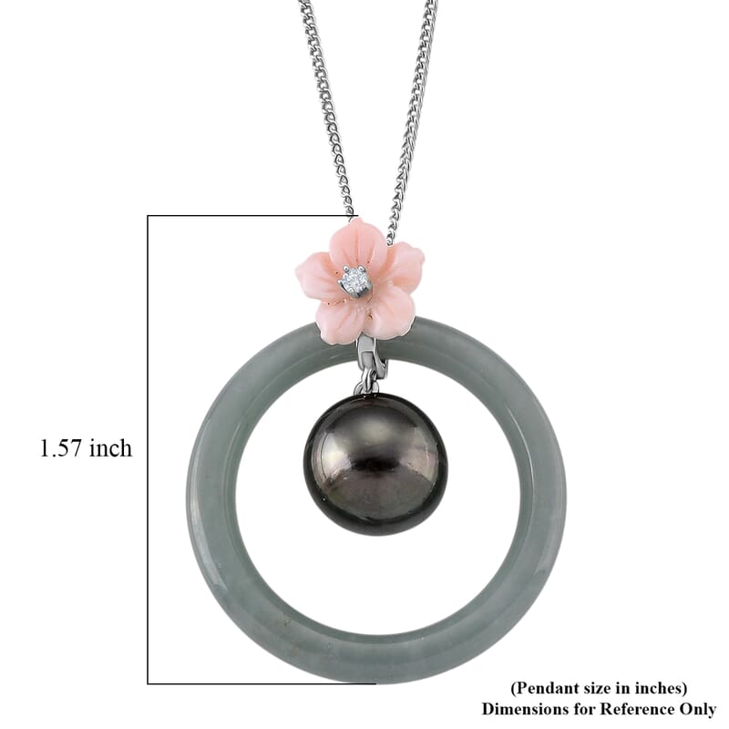 D'Joy Tahitian Pearl and Multi Gemstone 17.35 ctw Petal Bloom Pendant Necklace in Rhodium Over Sterling Silver 18 Inches