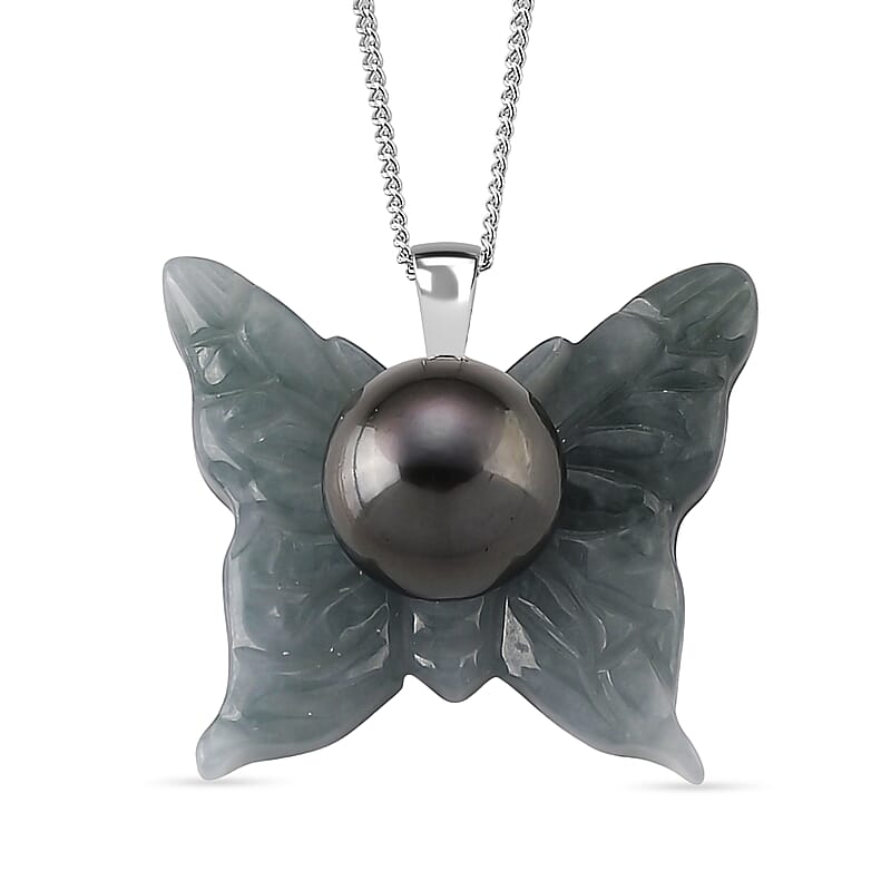 D'Joy Tahitian Pearl and Natural Olmec Jadeite 24.50 ctw Butterfly Pendant Necklace in Rhodium Over Sterling Silver 18 Inches
