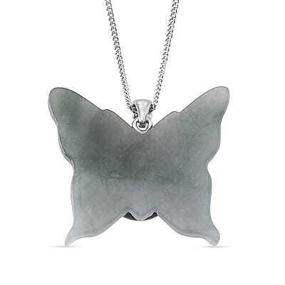 D'Joy Tahitian Pearl and Natural Olmec Jadeite 24.50 ctw Butterfly Pendant Necklace in Rhodium Over Sterling Silver 18 Inches