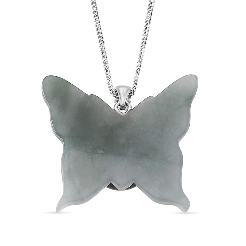 D'Joy Tahitian Pearl and Natural Olmec Jadeite 24.50 ctw Butterfly Pendant Necklace in Rhodium Over Sterling Silver 18 Inches