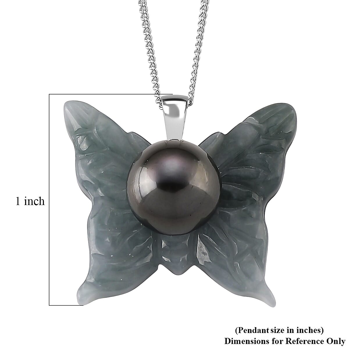 D'Joy Tahitian Pearl and Natural Olmec Jadeite 24.50 ctw Butterfly Pendant Necklace in Rhodium Over Sterling Silver 18 Inches