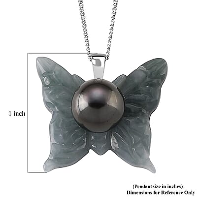 D'Joy Tahitian Pearl and Natural Olmec Jadeite 24.50 ctw Butterfly Pendant Necklace in Rhodium Over Sterling Silver 18 Inches