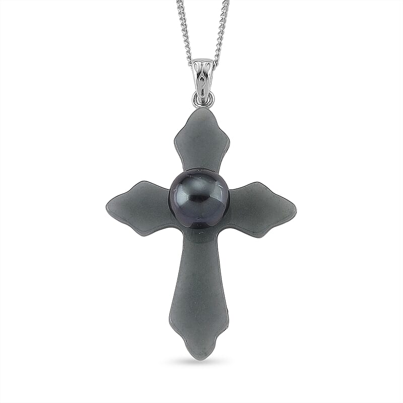D'Joy Tahitian Pearl and Natural Olmec Jadeite 10.90 ctw Cross Pendant Necklace in Rhodium Over Sterling Silver 18 Inches